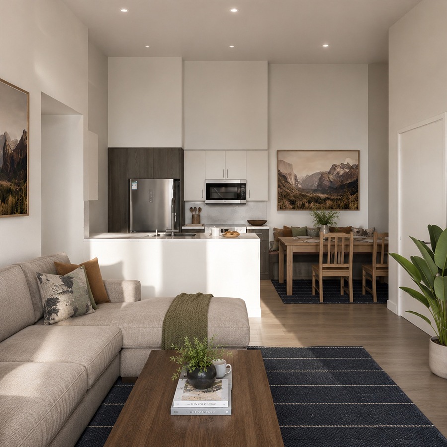 a couch with a coffee table with a plant and decor on it