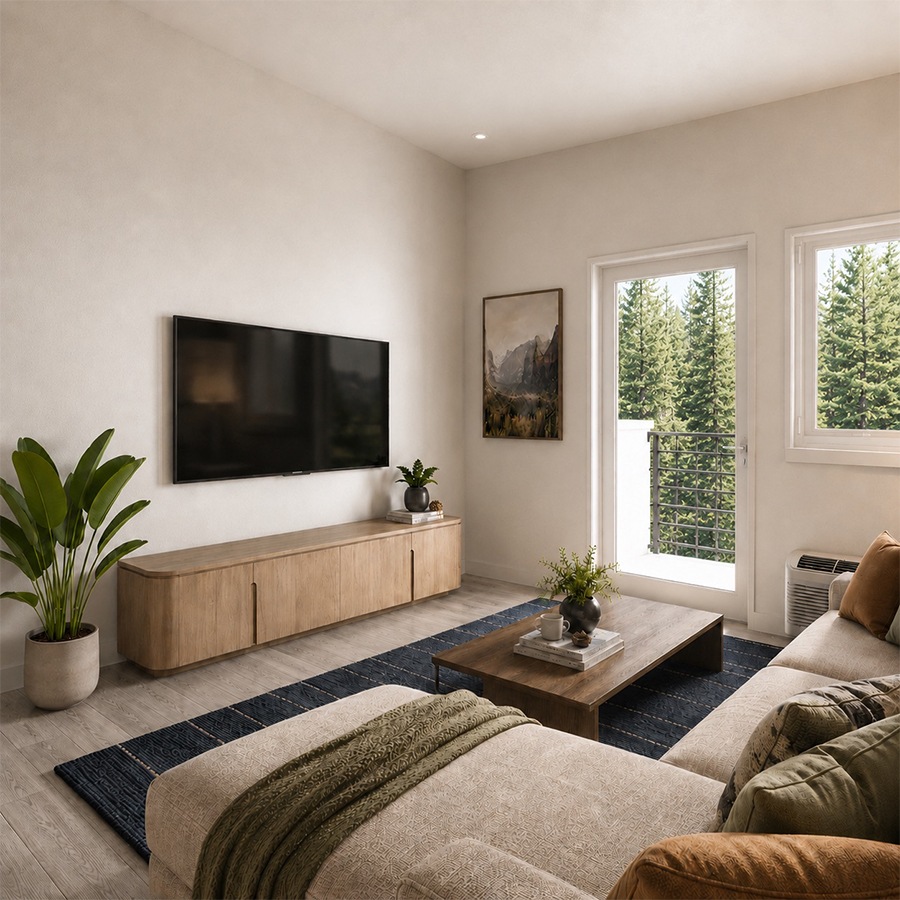 a couch with a coffee table with a plant and decor on it