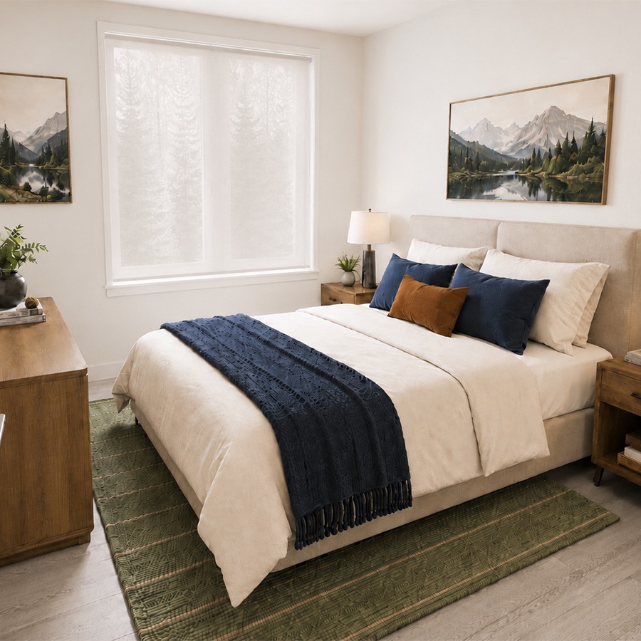 swath of sunlight shines across a well made bed and bedside table with a vase of cotton plants