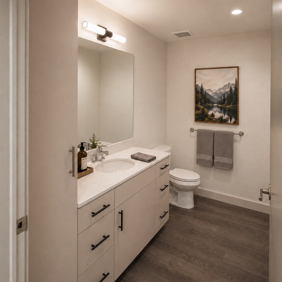 a bathroom with art on the wall