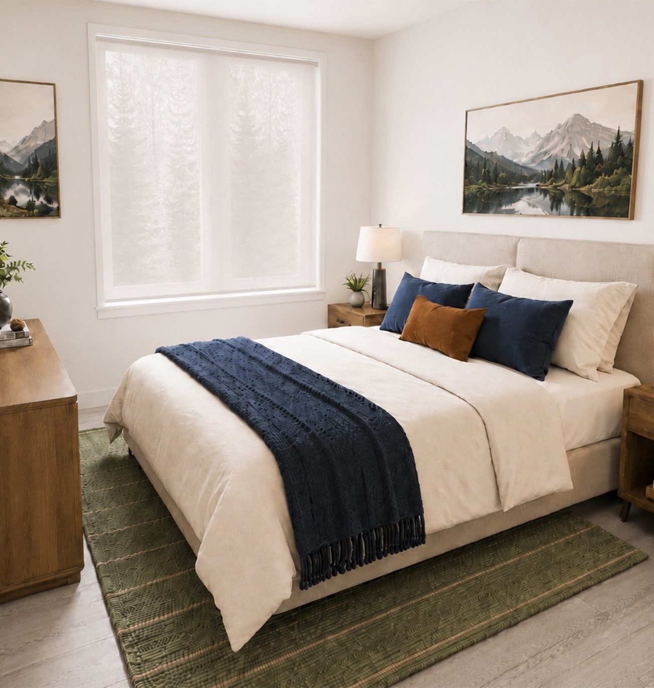 swath of sunlight shines across a well made bed and bedside table with a vase of cotton plants